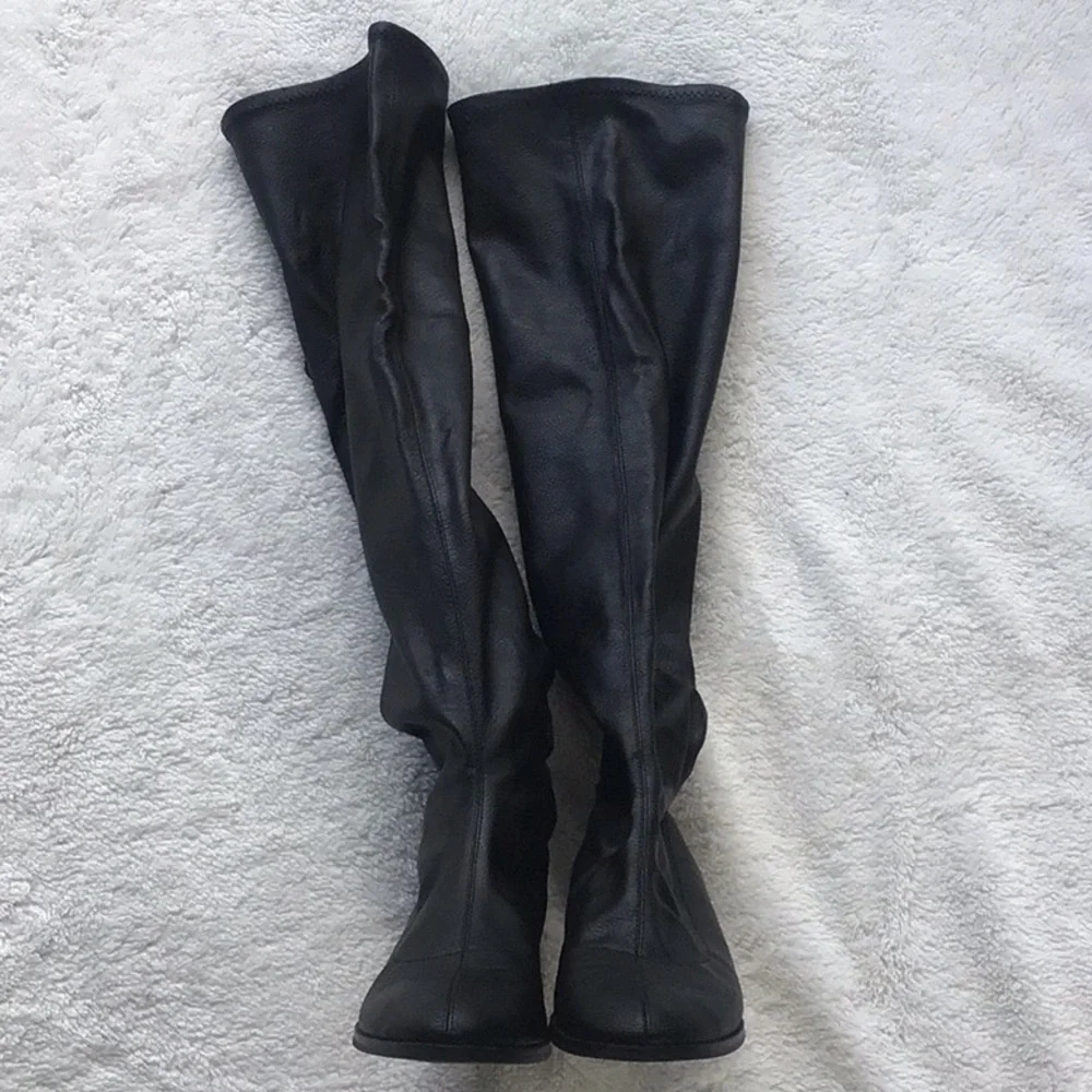Black Over-the-Knee faux leather flat stretchy Women's Boots